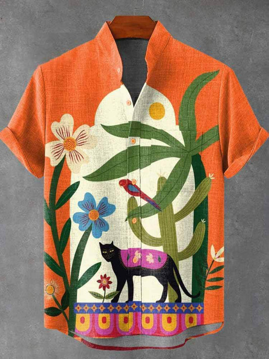 Casual Black Panther and Plant Pattern Cotton Shirt