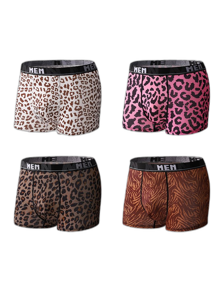 4-Pack Men's Leopard Print Mid-Rise Breathable Trunks