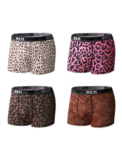 4-Pack Men's Leopard Print Mid-Rise Breathable Trunks