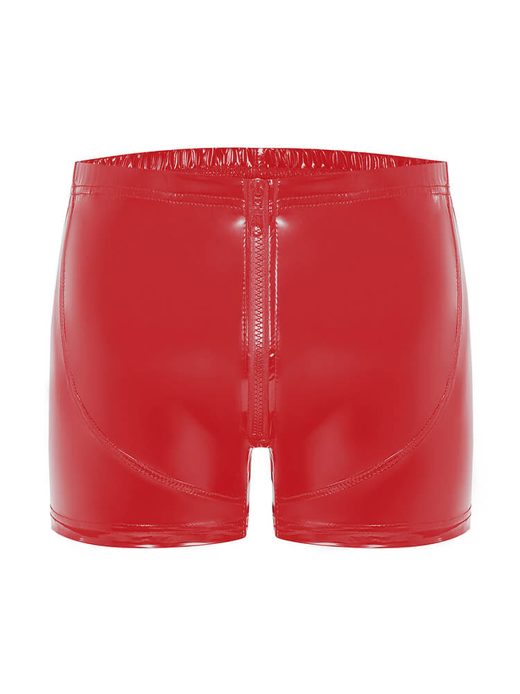 Men's Solid Color Shiny PU Leather Zipper Shorts