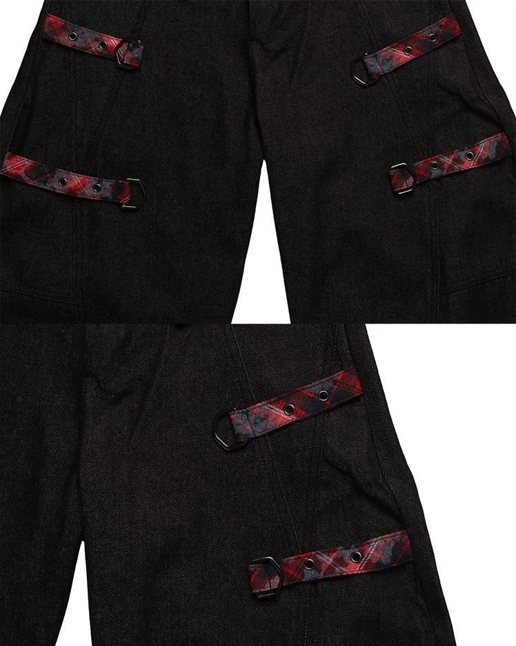 American Retro Plaid Patchwork Denim Pants