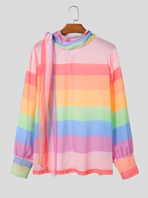 Men's New Romanticism Rainbow Gradient Sheer Organza Long Sleeve Shirt SKUL64253