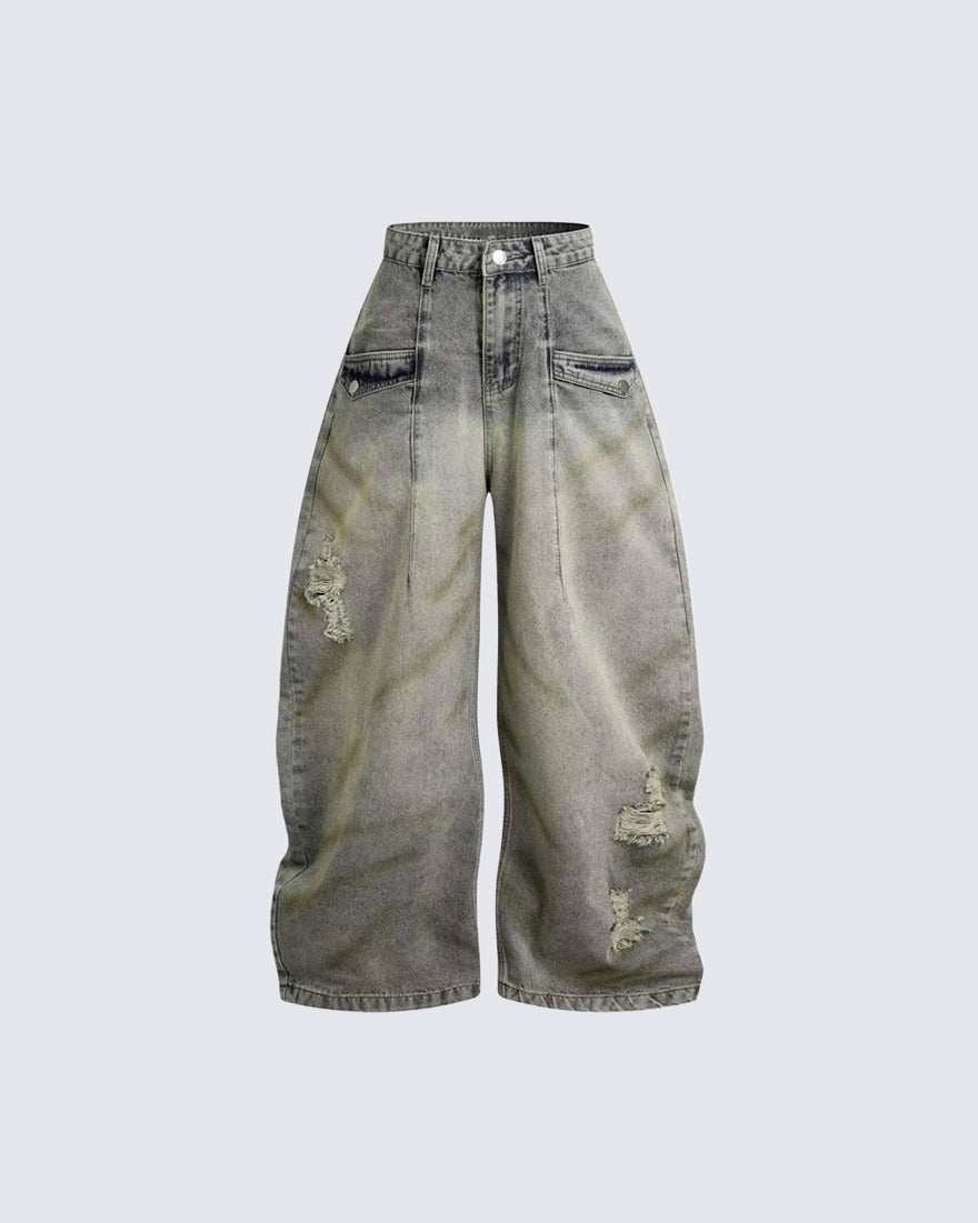 Grunge New Washed Distressed Wide Denim Pants