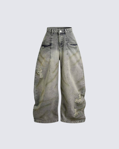 Grunge New Washed Distressed Wide Denim Pants