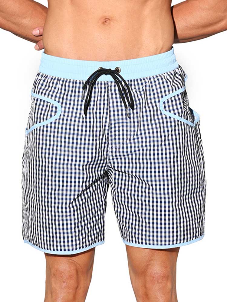 Men's Plaid Quick-Dry Drawstring Swim Shorts