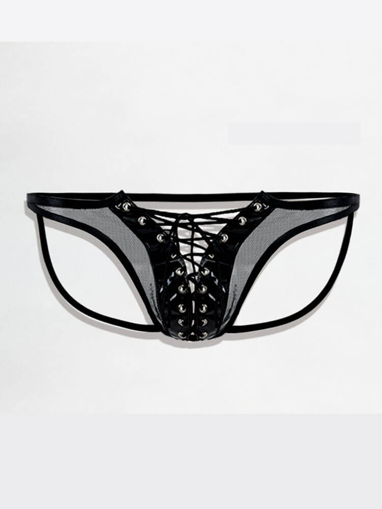Men's Patent Leather Hollow Drawstring Thong