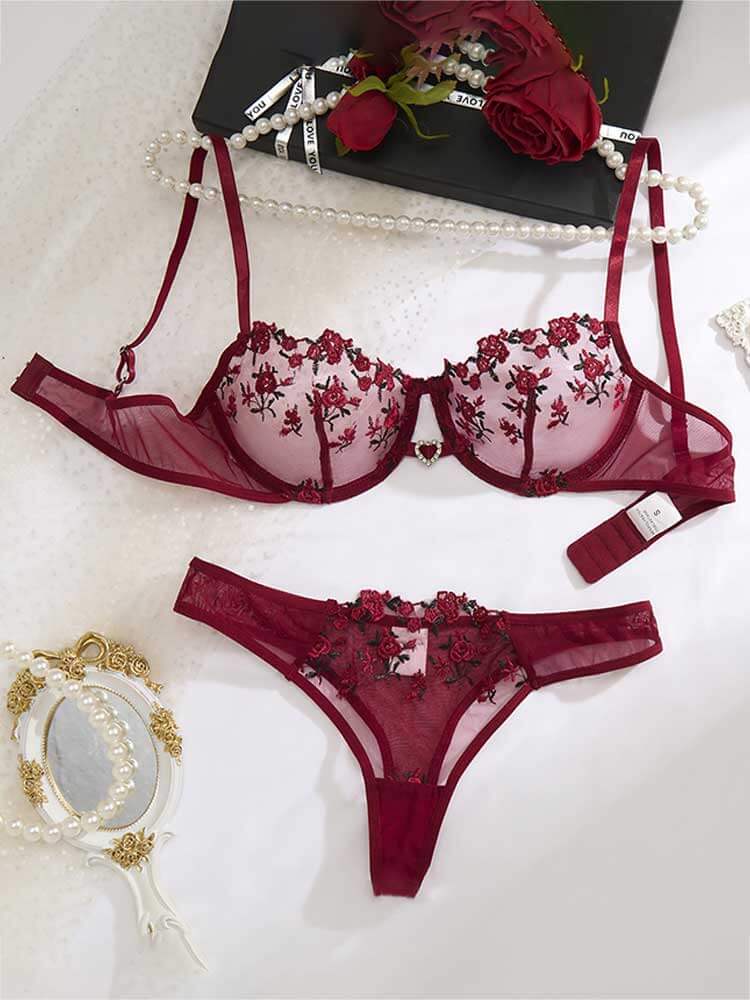 Men's Sexy Floral See-Through Mesh Bra Briefs Set