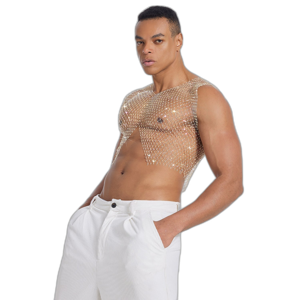 Rhinestone V-Cut Mesh Top