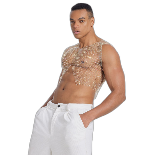 Rhinestone V-Cut Mesh Top
