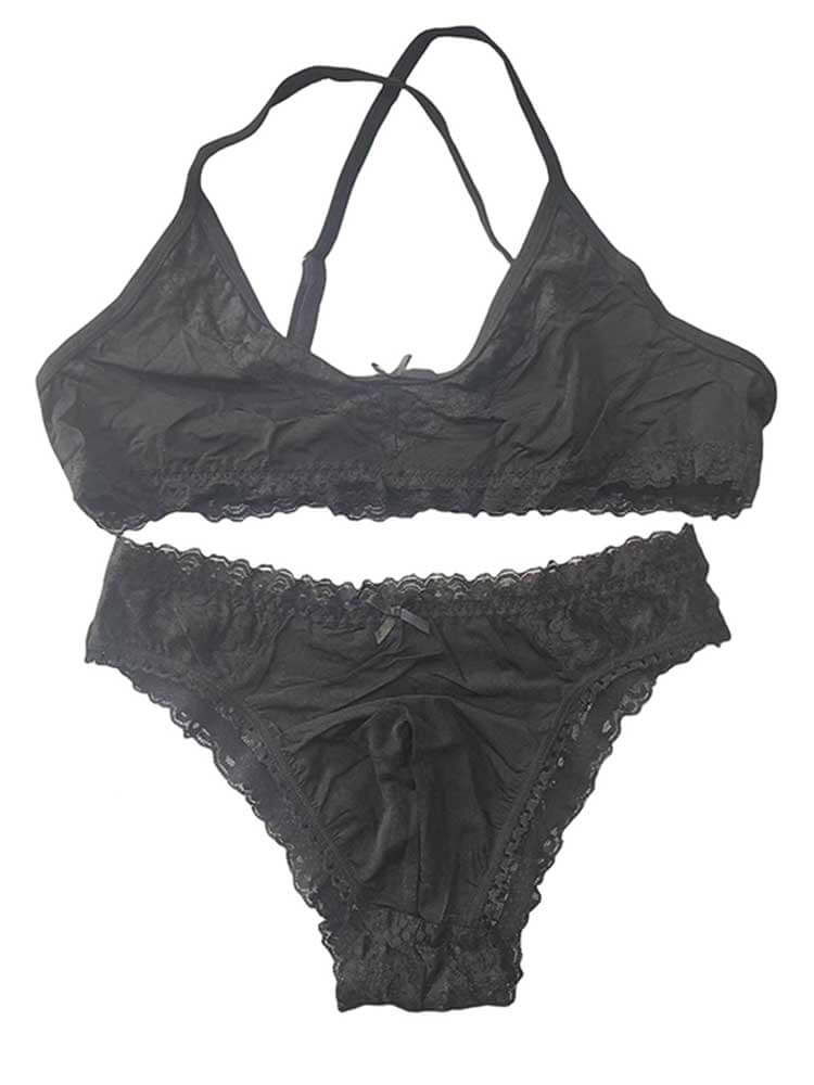 Men's Sexy Solid-Color Lace Trim Bra Briefs Set
