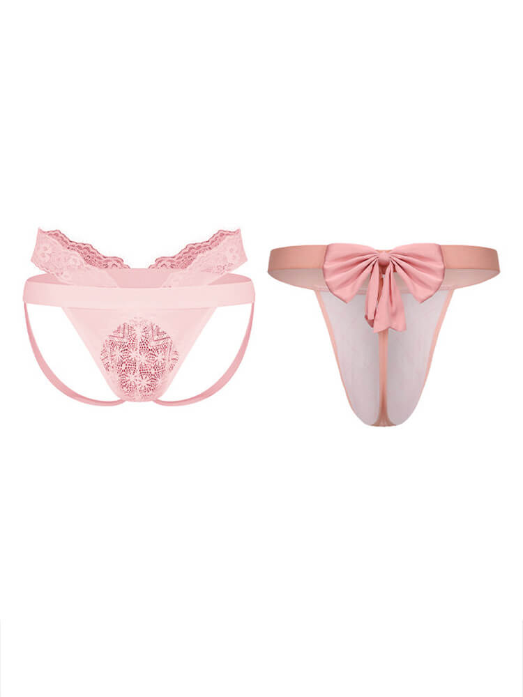 Men's Low-Rise Hollow-Out Sexy Pink Thong Set