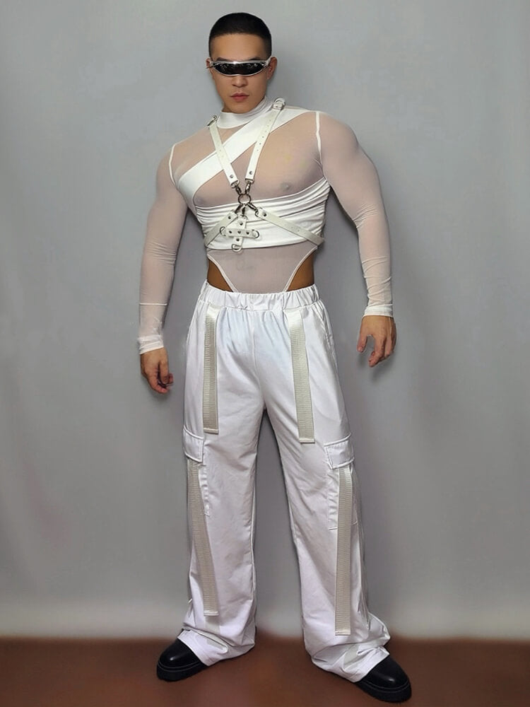 Men's Sexy Mesh Strappy White Performance Costume Set