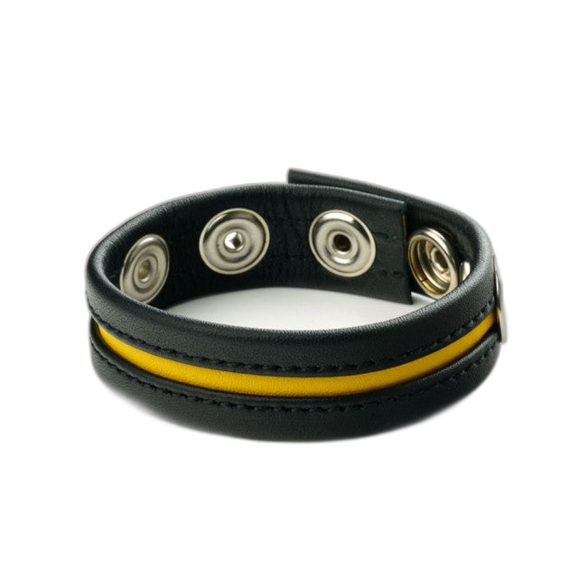 Prowler RED Leather Cock Strap Black with Yellow Stripe