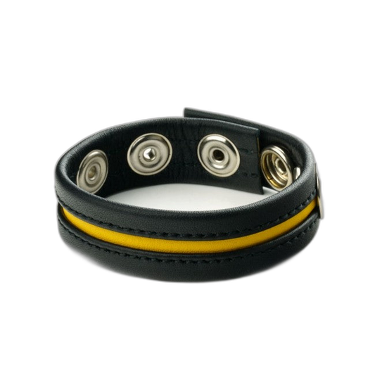 Prowler RED Leather Cock Strap Black with Yellow Stripe