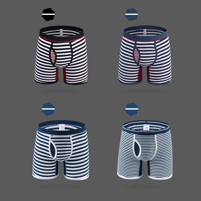 Men's Fly Front with Pouch Striped Cotton Boxer Briefs