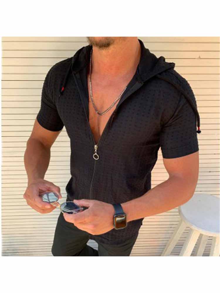 Hooded Short Sleeve Shirts with Zipper Slim Fit Tank Top