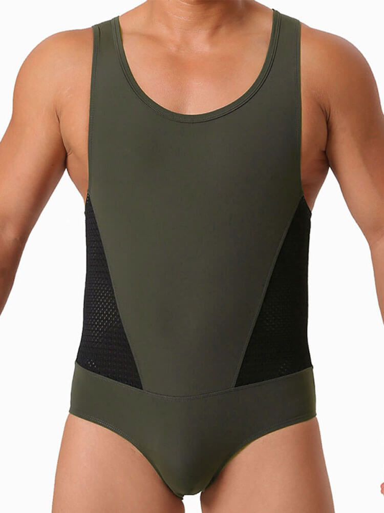 Men's Sexy Mesh Panels High-Stretch Nylon Bodysuit
