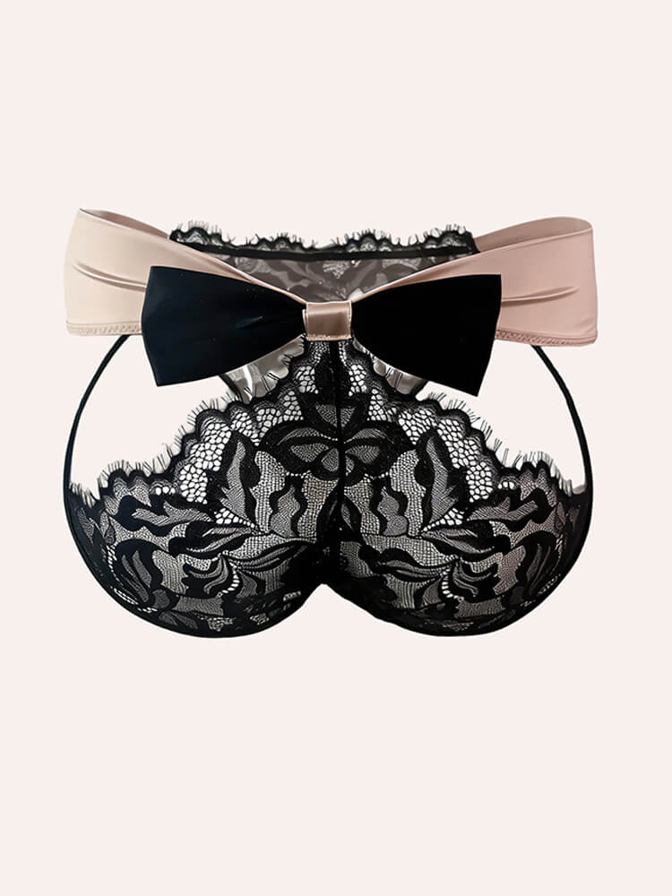 Men's Sexy Black Lace Satin Ribbon Bow Sheer Briefs