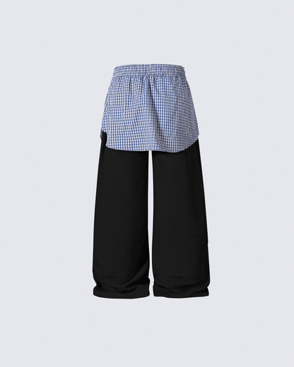 Plaid Shirt-Waist Wide-Leg Sweatpants