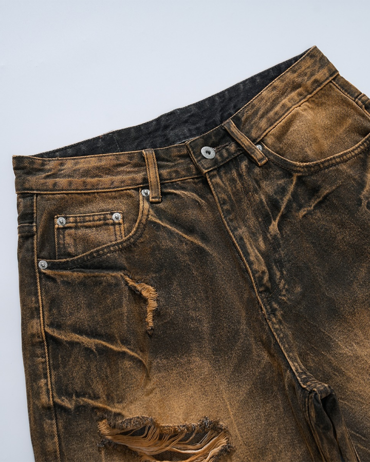 KIIKIO Wasteland Mud-Dye Distressed Denim Shorts