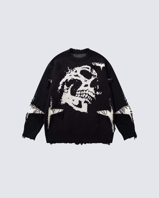 American Retro Skull Jacquard Raw-Edge Long-Sleeve Sweater