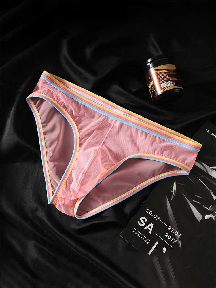 Men's Colorful Striped Belt Sexy Sheer Mesh Briefs
