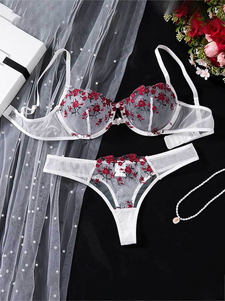 Men's Sexy Floral See-Through Mesh Bra Briefs Set