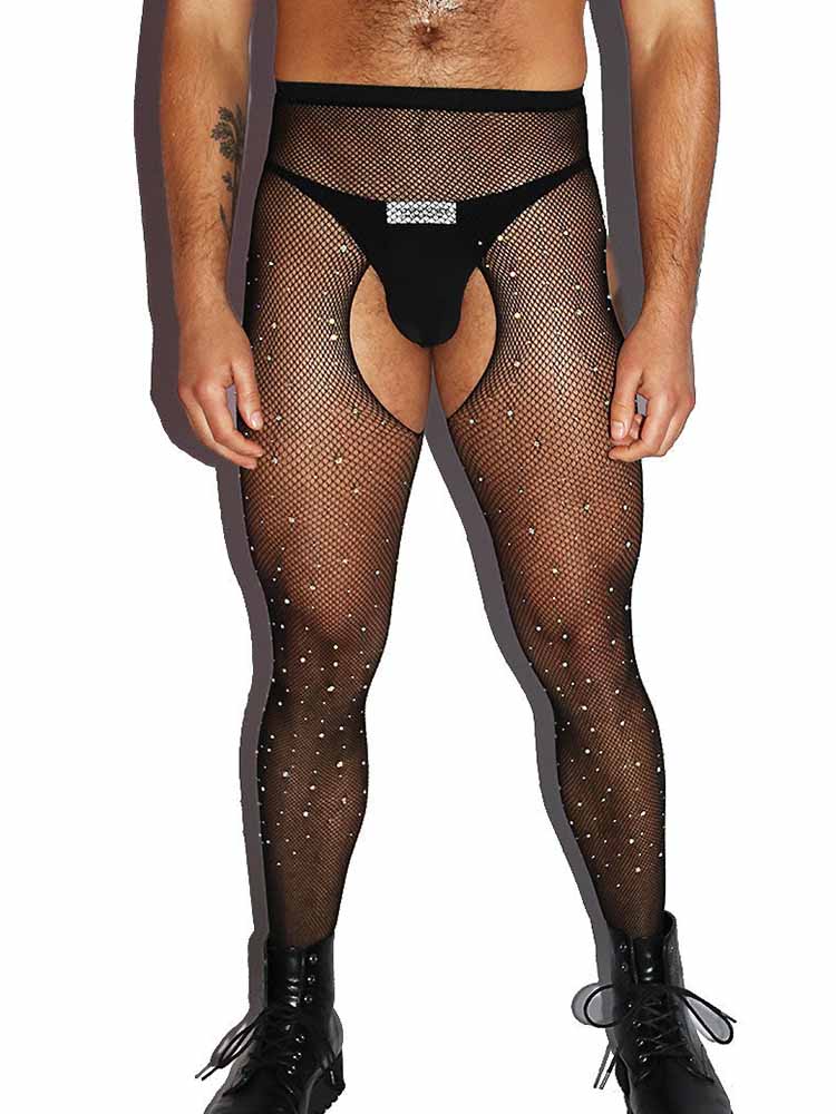 Men's Open Crotch Rhinestone Fishnet Stockings