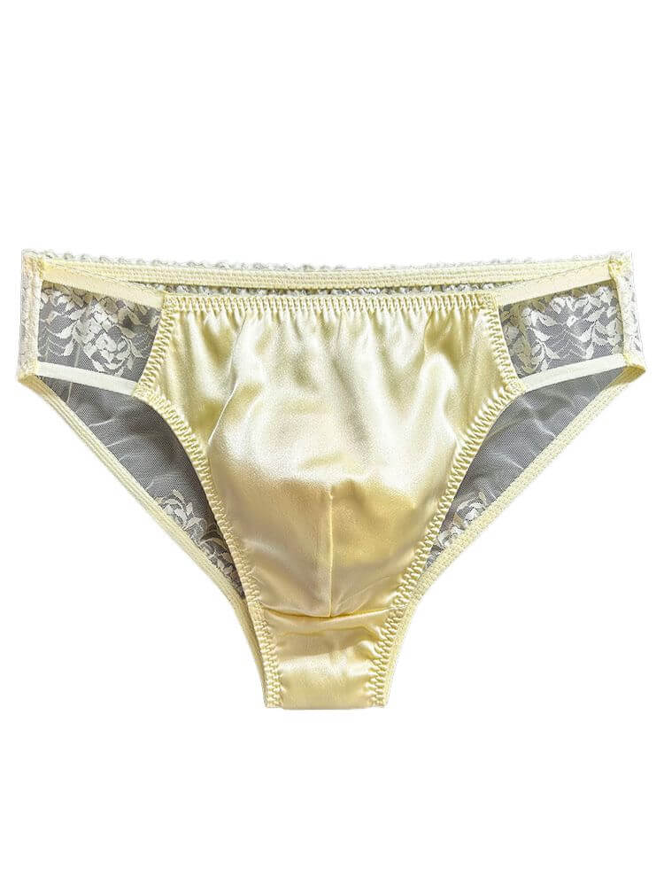 Men's Sexy Transparent Lace Patchwork Silk Briefs