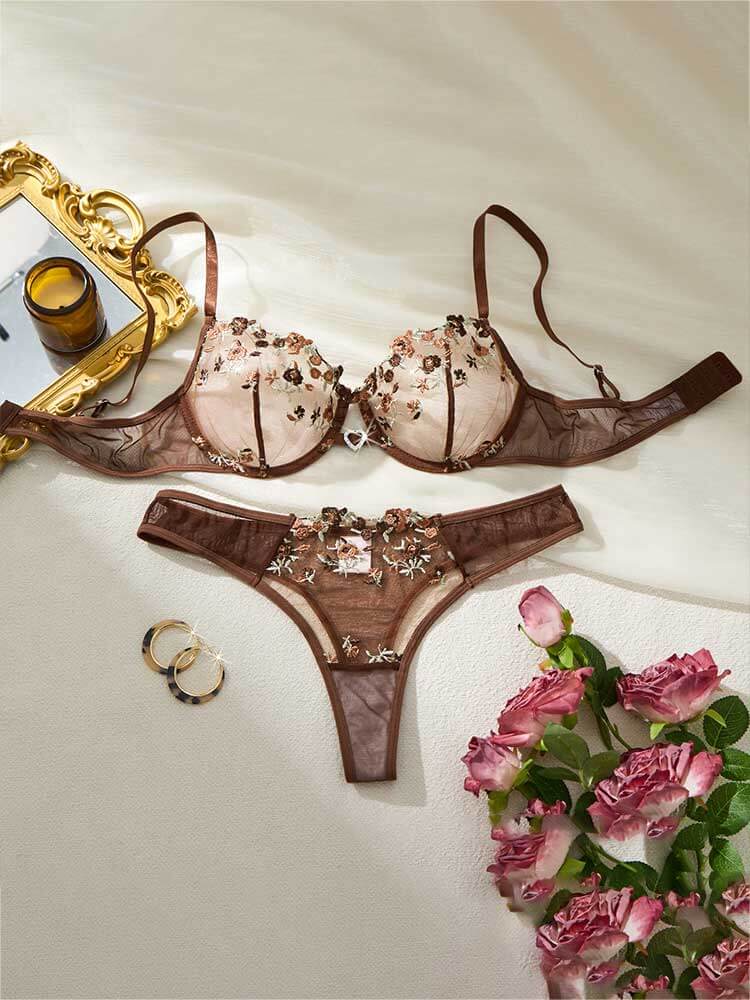 Men's Sexy Floral See-Through Mesh Bra Briefs Set