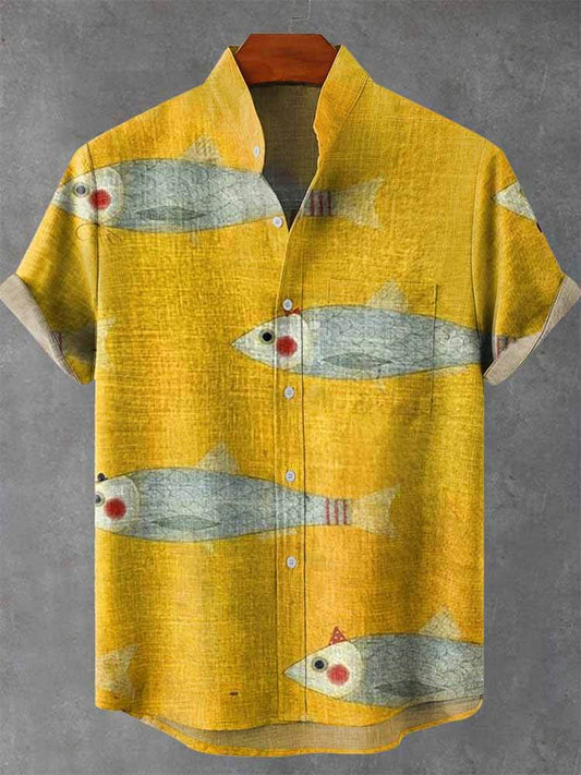 Casual Yellow Fish Art Print Short-Sleeved Shirt