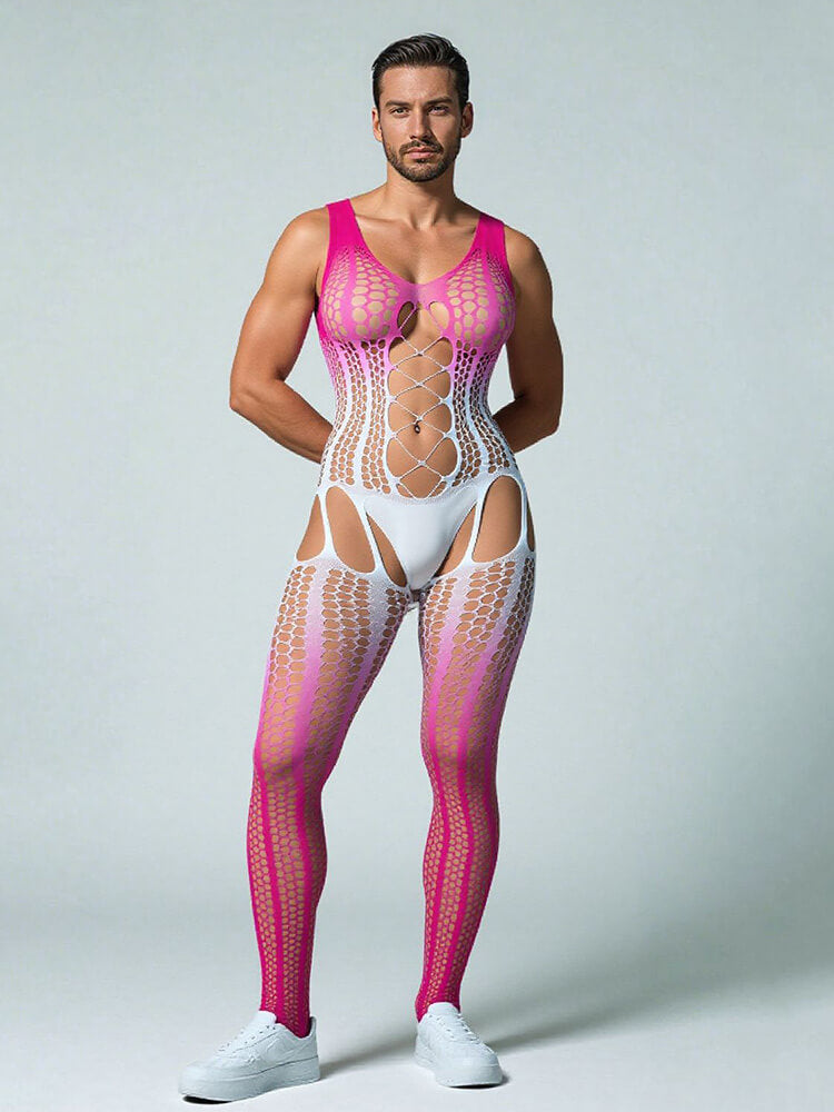 Men's Fishnet Cutout Open-Crotch Gradient Bodysuit