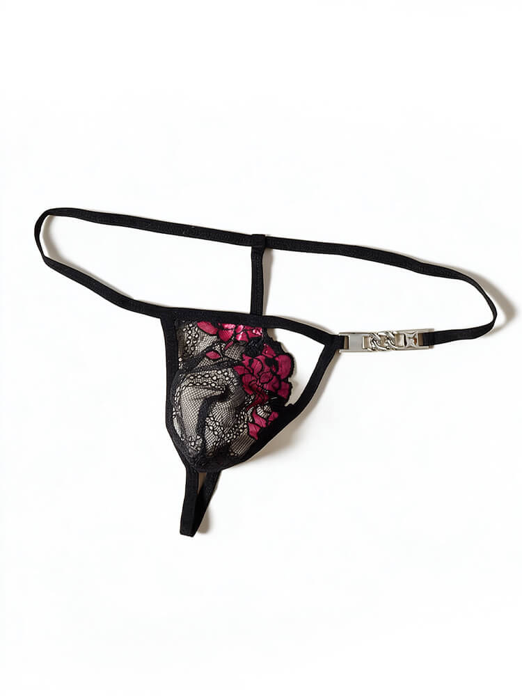 Men's Floral Embroidered Lace Metal Chain Thong