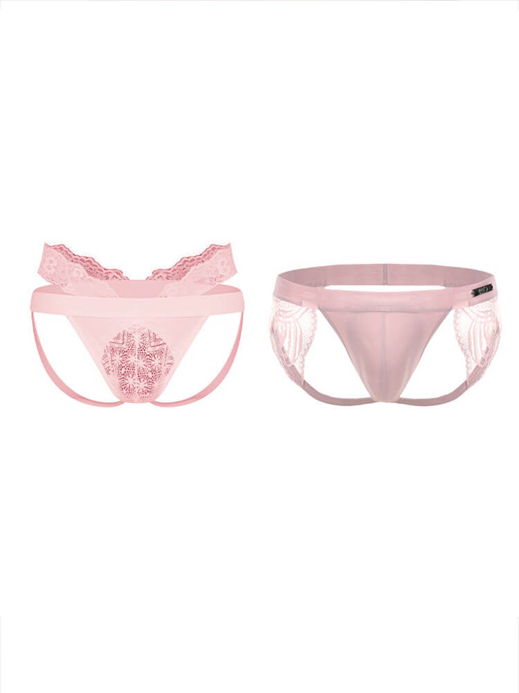Men's Low-Rise Hollow-Out Sexy Pink Thong Set