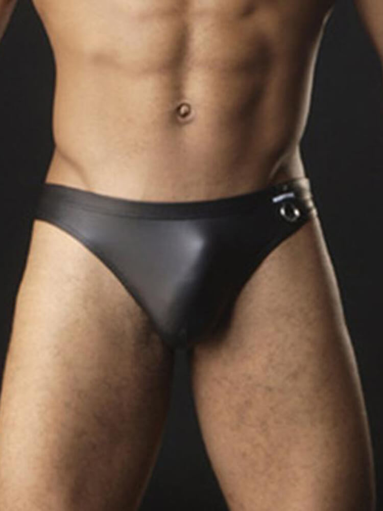 Men's Patent Leather Metal Ring Thong