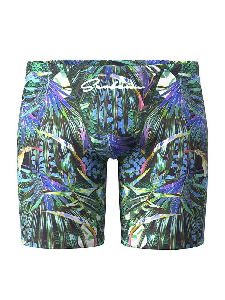 Men's Tropical Plants Print Long Swim Trunks