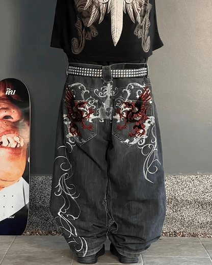 Dragon Embroidery Gothic Loose Denim Pants