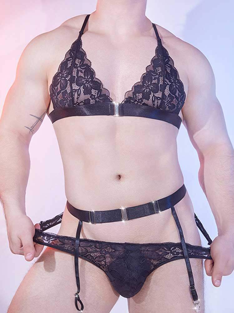 Men's Sexy Black Adjustable Lace Bra And Thong Set