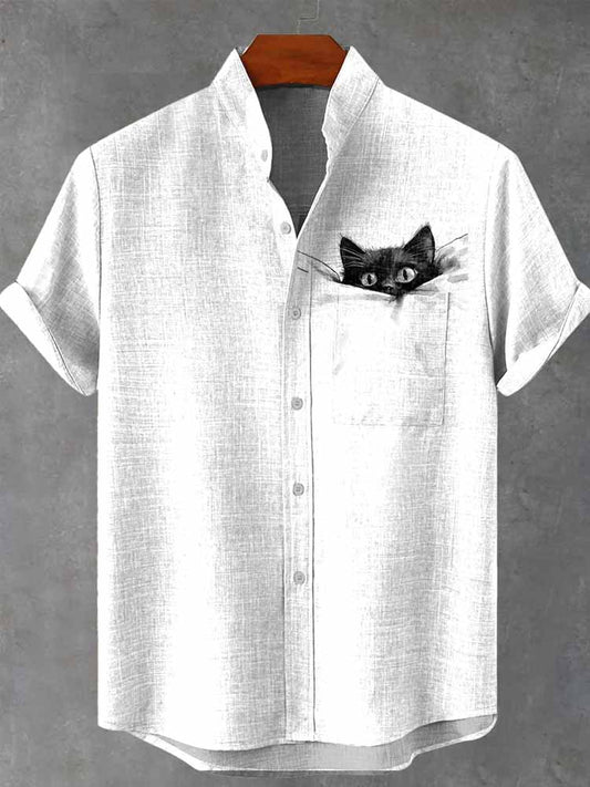 Men's Black Cat Pocket  Art Cotton Shirt