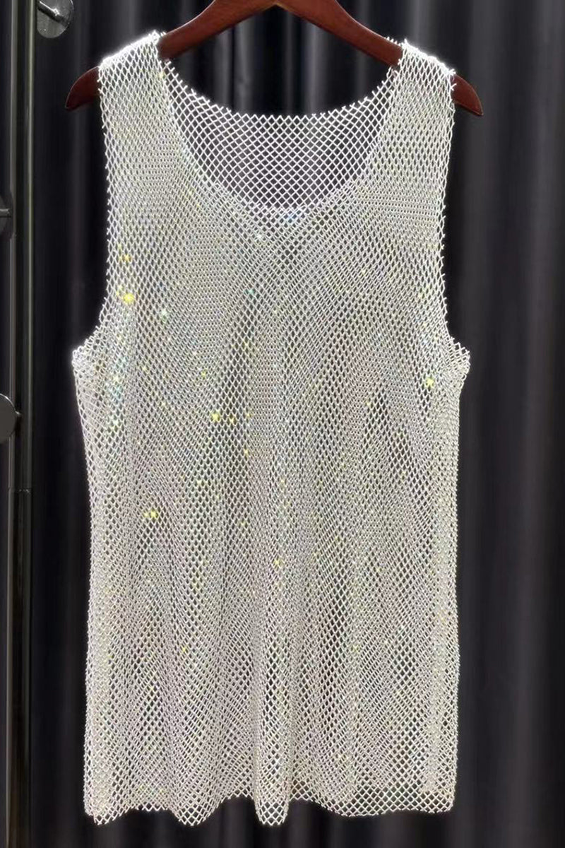 Mesh Premium Rhinestone Raw Cut Tank Top - Rainbow