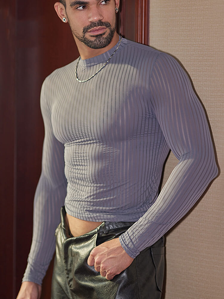 Men's Striped Thin Transparent Elastic Shirt