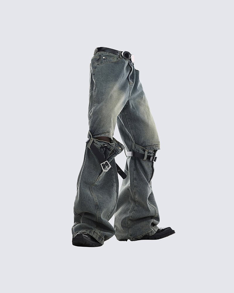 Vintage Buckle Strap Wide-Leg Jeans
