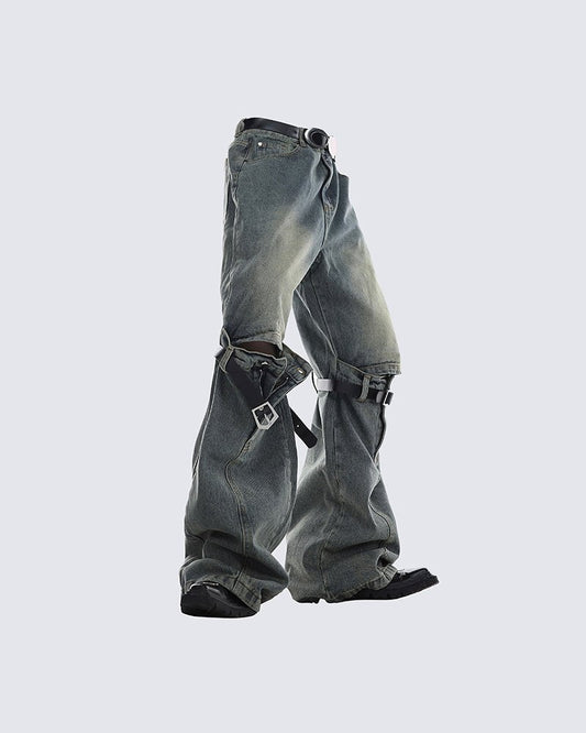 Vintage Buckle Strap Wide-Leg Jeans