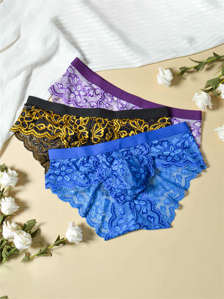 Men's Floral Embroidered Mesh Lace Trim Briefs