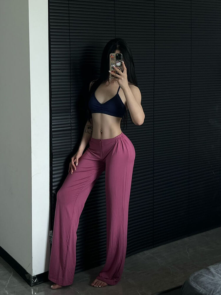 Solid Color Zipper Yoga Sports Straight Leg Pants