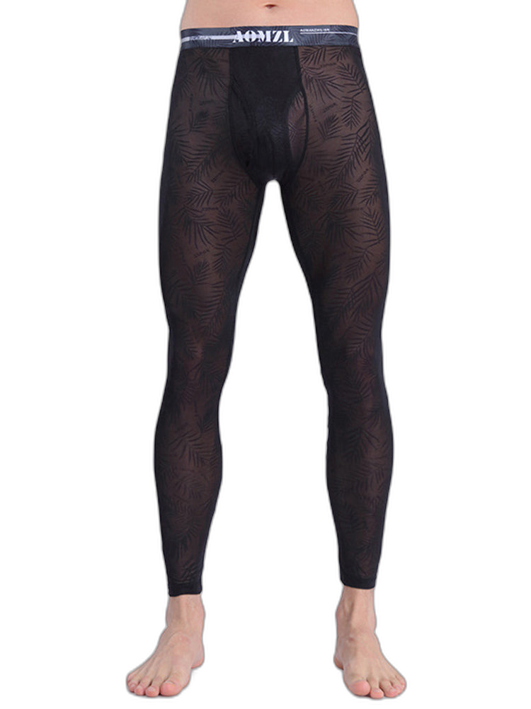 Men's Sexy Transparent Ice Silk Jacquard Seamless Tights Warm Pants
