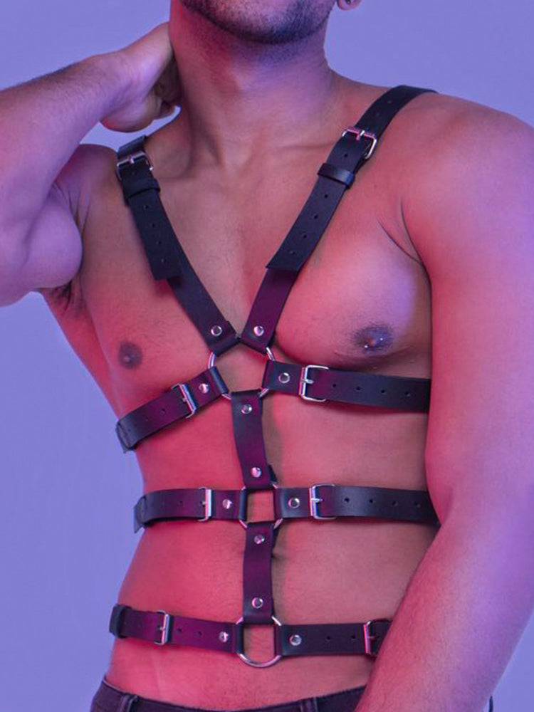 Men's Leather Harness Chest Strap - Black