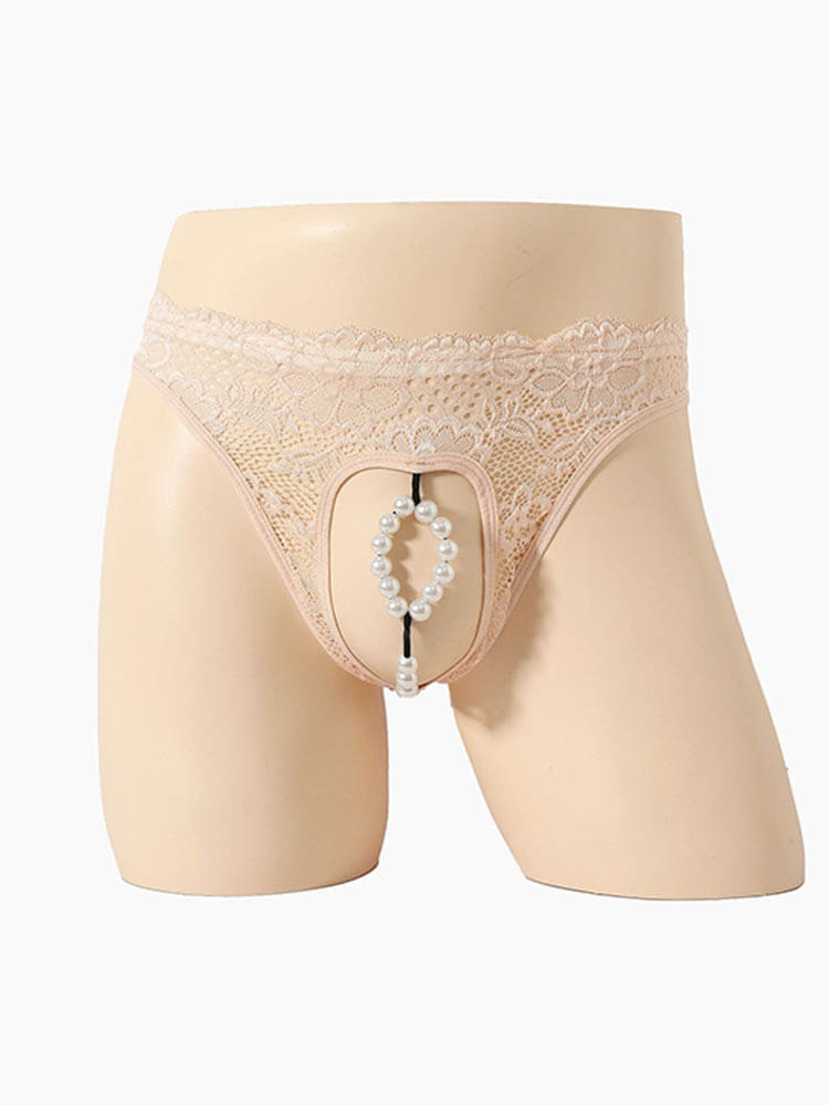 Men's Sexy Imitation Pearls Sheer Lace Briefs