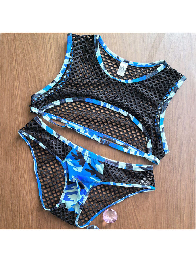 Men's Sexy Camouflage Mesh Crop Top And Briefs Set