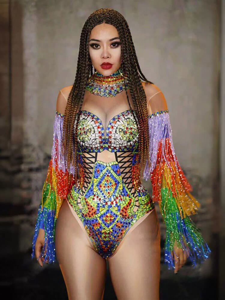 Sexy Rainbow Tassel Rhinestone Stage Bodysuit